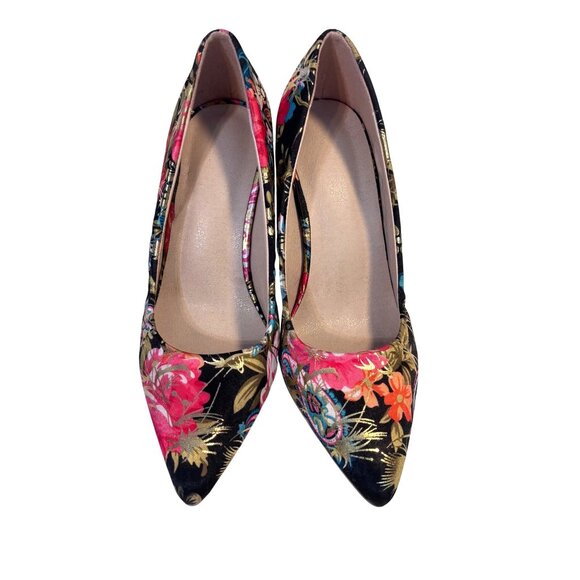 Black & Gold Stiletto Heels With Floral Pattern in Vibrant Colors Size 36 EURO - Picture 2 of 8
